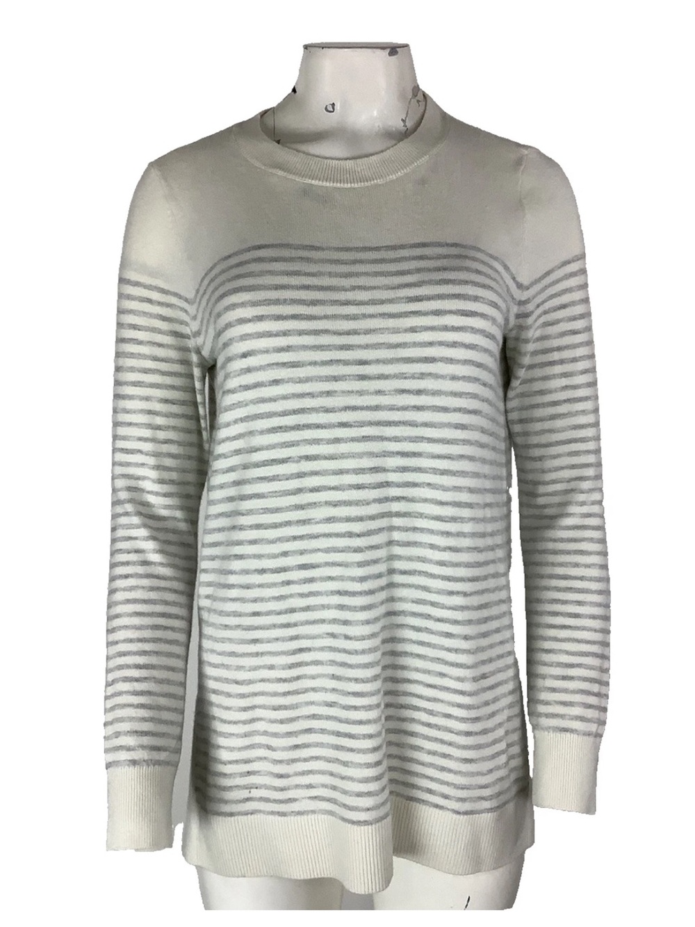 Loft Sz M Soft Feel Striped Pullover Tunic Sweater Cream Gray Fall Winter